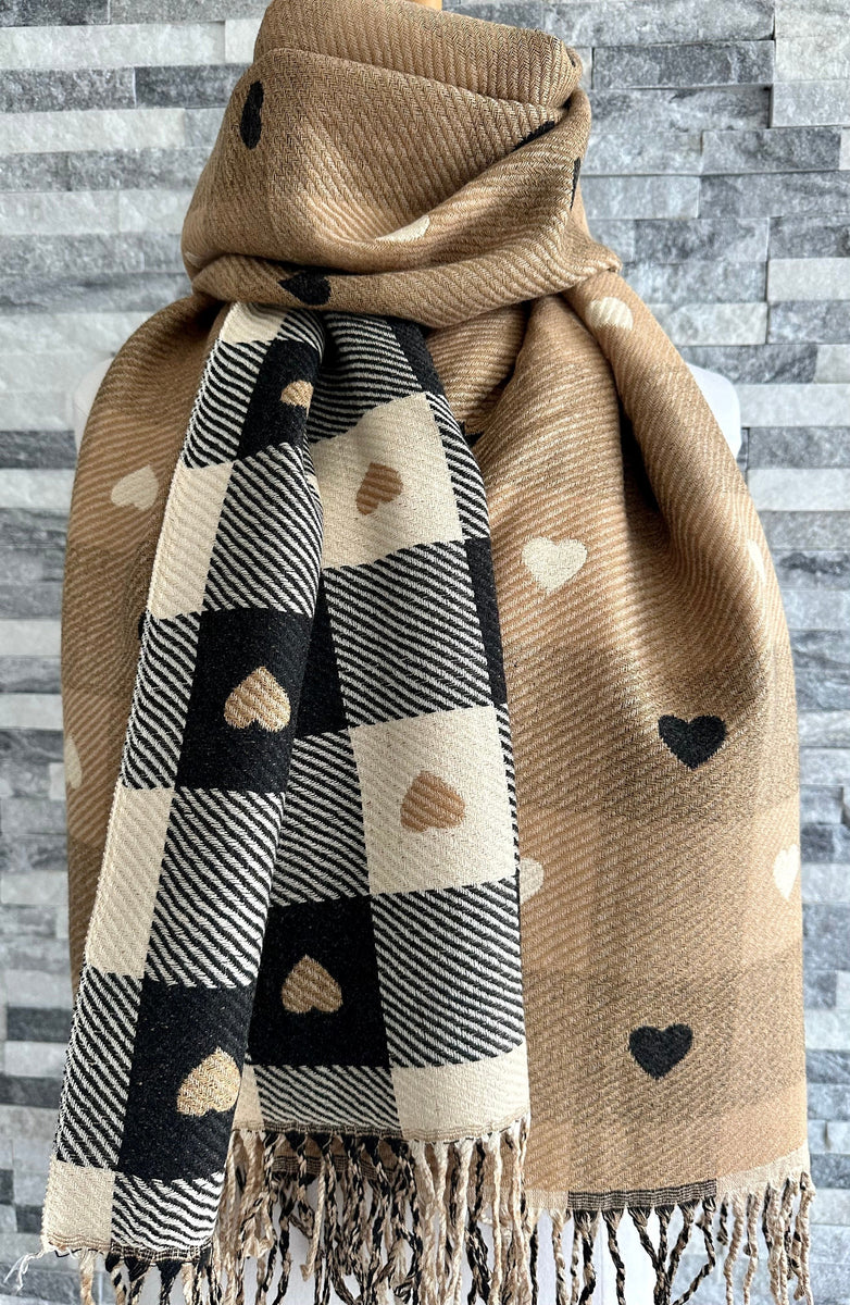 Black Cream and Beige Reversible Hearts and Checks Scarf Wrap. Cas