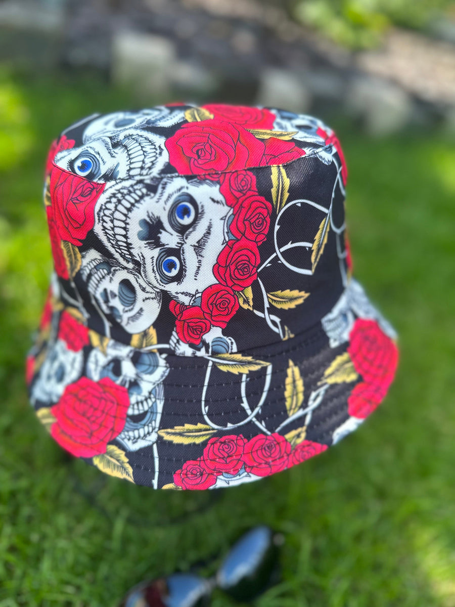 Black Reversible Bucket Hat with Skulls and Roses