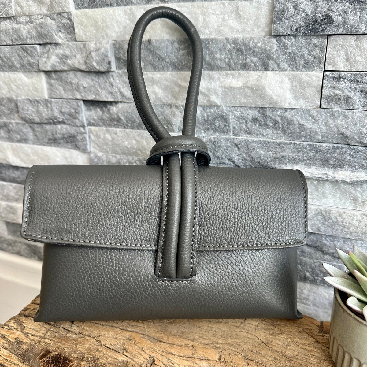 Dark Grey Italian Leather Clutch Bag Evening Bag with Loop Handle luscious scarves