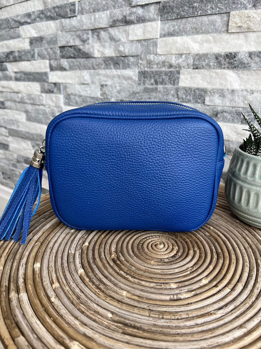 Cobalt Blue Leather Italian Leather Crossbody Camera Bag Handbag luscious scarves