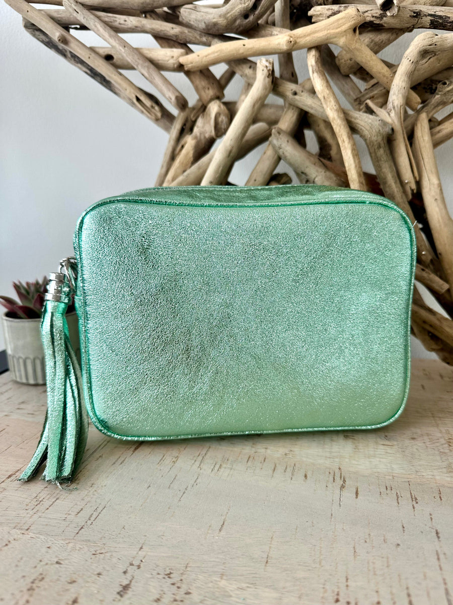 Metallic Mint Green Italian Leather Camera Bag Style Crossbody Bag Sum luscious scarves