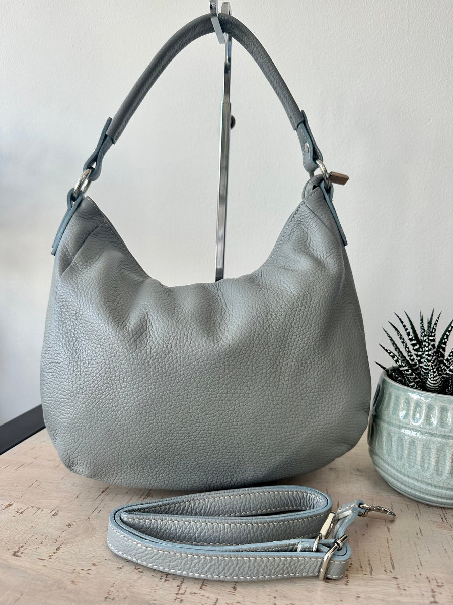 Pale Grey Italian Leather Shoulder Bag lusciousscarves