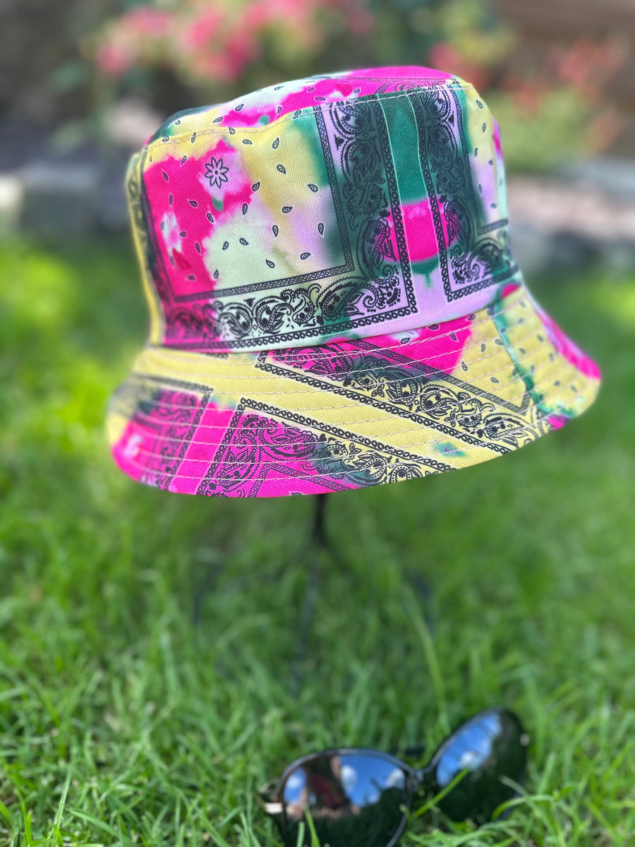 Yellow Pink and Green Tie Dye Reversible Bucket Hat with Black