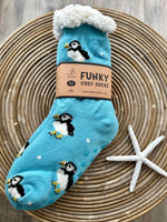 Load image into Gallery viewer, luscious scarves bed socks Puffins Ladies Sherpa Slipper Socks with Grips,  Funky Designs Ladies / Mens
