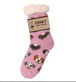 Load image into Gallery viewer, luscious scarves bed socks Puppy faces Ladies Sherpa Slipper Socks with Grips,  Funky Designs Ladies / Mens
