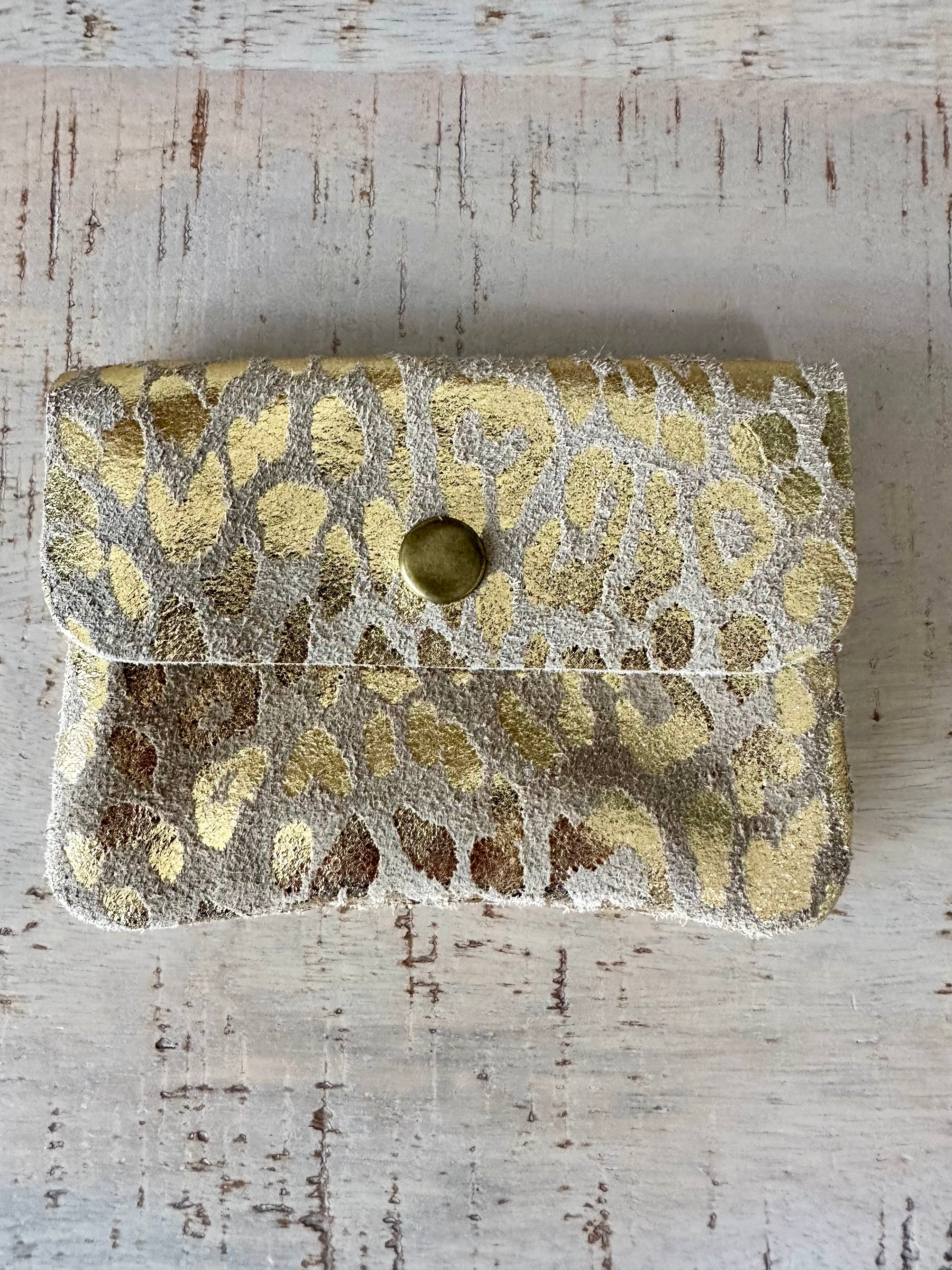 luscious scarves Beige Small Suede Italian Leather Coin Purse , Metallic Animal Print Design with Popper Fastener.