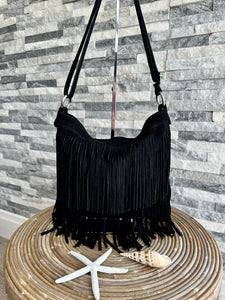 luscious scarves Black Italian Suede Leather Tassel, Fringe Crossbody / Shoulder Bag . 7 Colours Available