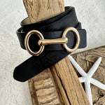 Load image into Gallery viewer, luscious scarves Black Slim Italian Leather Belt With Gold Buckle .
