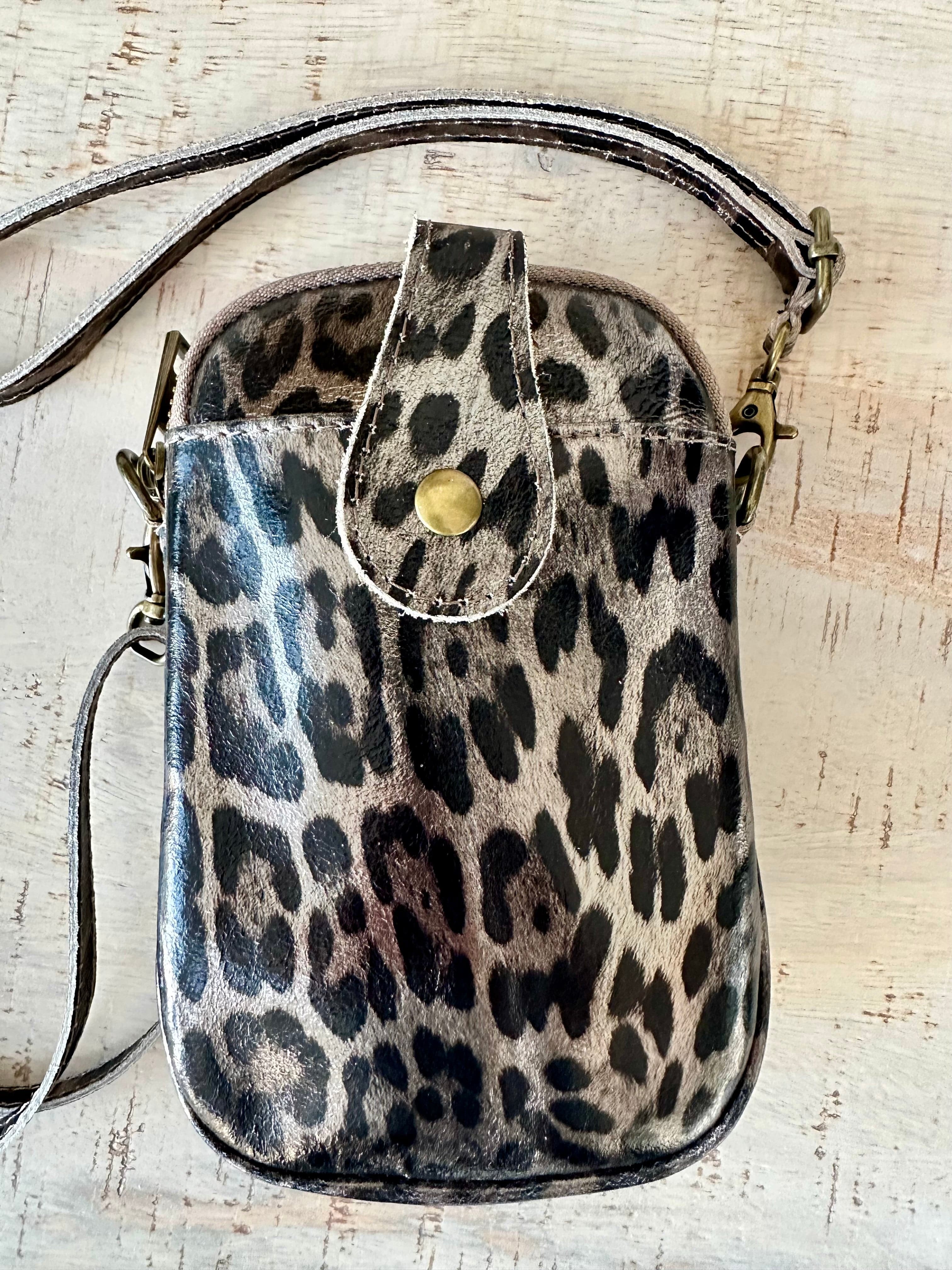 luscious scarves Bronze and Black Italian leather crossbody phone bag - 4 Animal Print Designs.