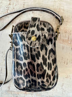 Load image into Gallery viewer, luscious scarves Bronze and Black Italian leather crossbody phone bag - 4 Animal Print Designs.
