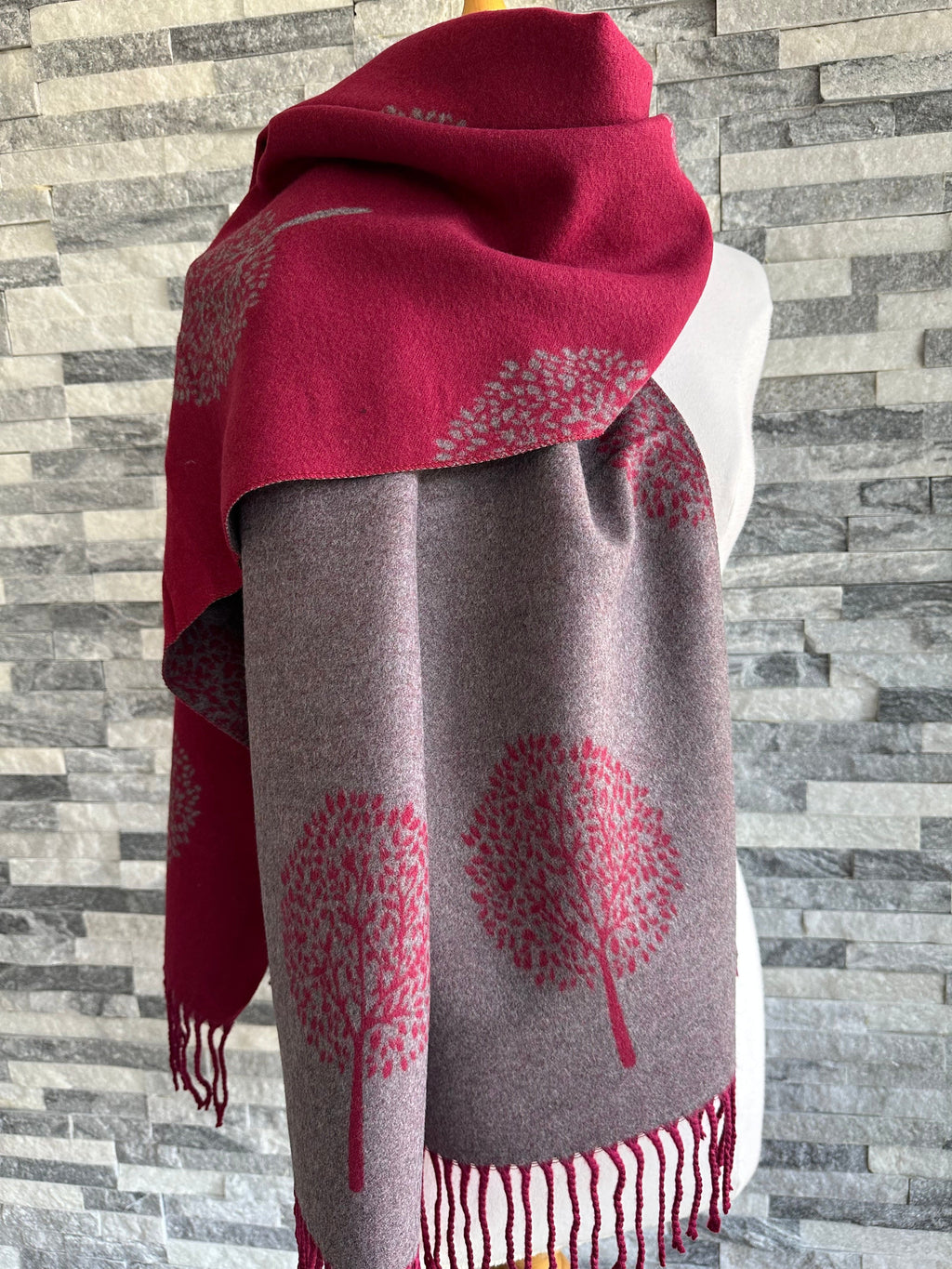 luscious scarves Burgundy and Grey Mulberry Tree Scarf, Wrap, Reversible, Cashmere Blend