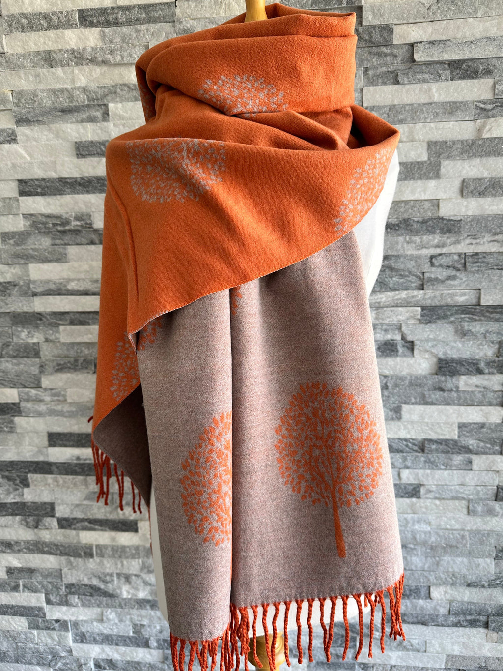 luscious scarves Burnt Orange and Grey Reversible Mulberry Tree Scarf , Wrap , Cashmere Blend.