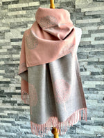 Load image into Gallery viewer, luscious scarves Dusky Pink and Grey Reversible Mulberry Tree Scarf, Cashmere Blend.
