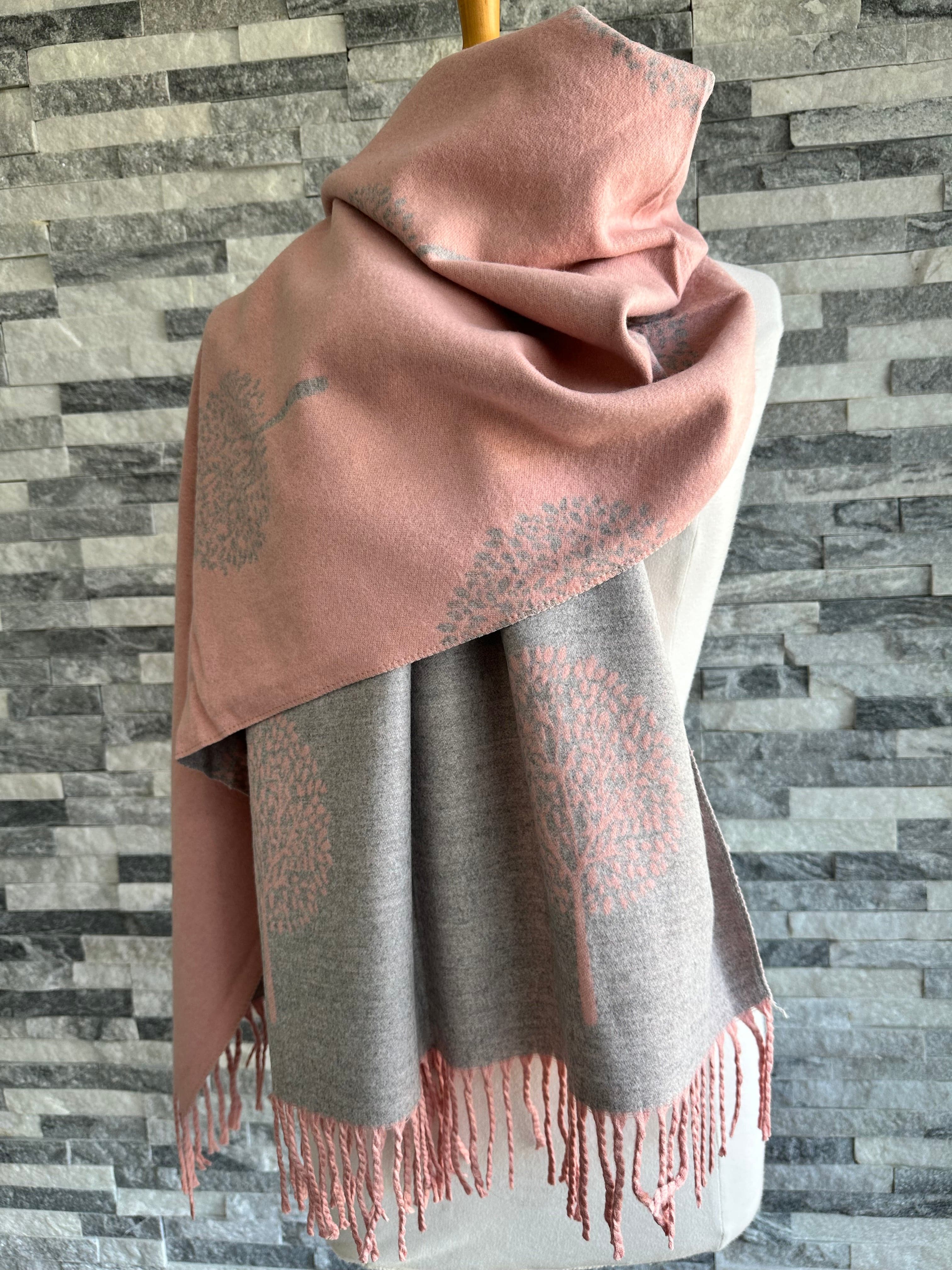 luscious scarves Dusky Pink and Grey Reversible Mulberry Tree Scarf, Cashmere Blend.