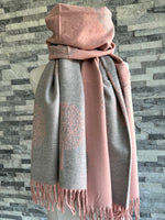 Load image into Gallery viewer, luscious scarves Dusky Pink and Grey Reversible Mulberry Tree Scarf, Cashmere Blend.
