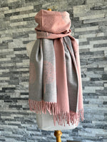 Load image into Gallery viewer, luscious scarves Dusky Pink and Grey Reversible Mulberry Tree Scarf, Cashmere Blend.
