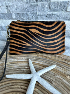 luscious scarves Genuine Italian Leather Brown Animal design clutch purse/bag with detachable wrist strap .