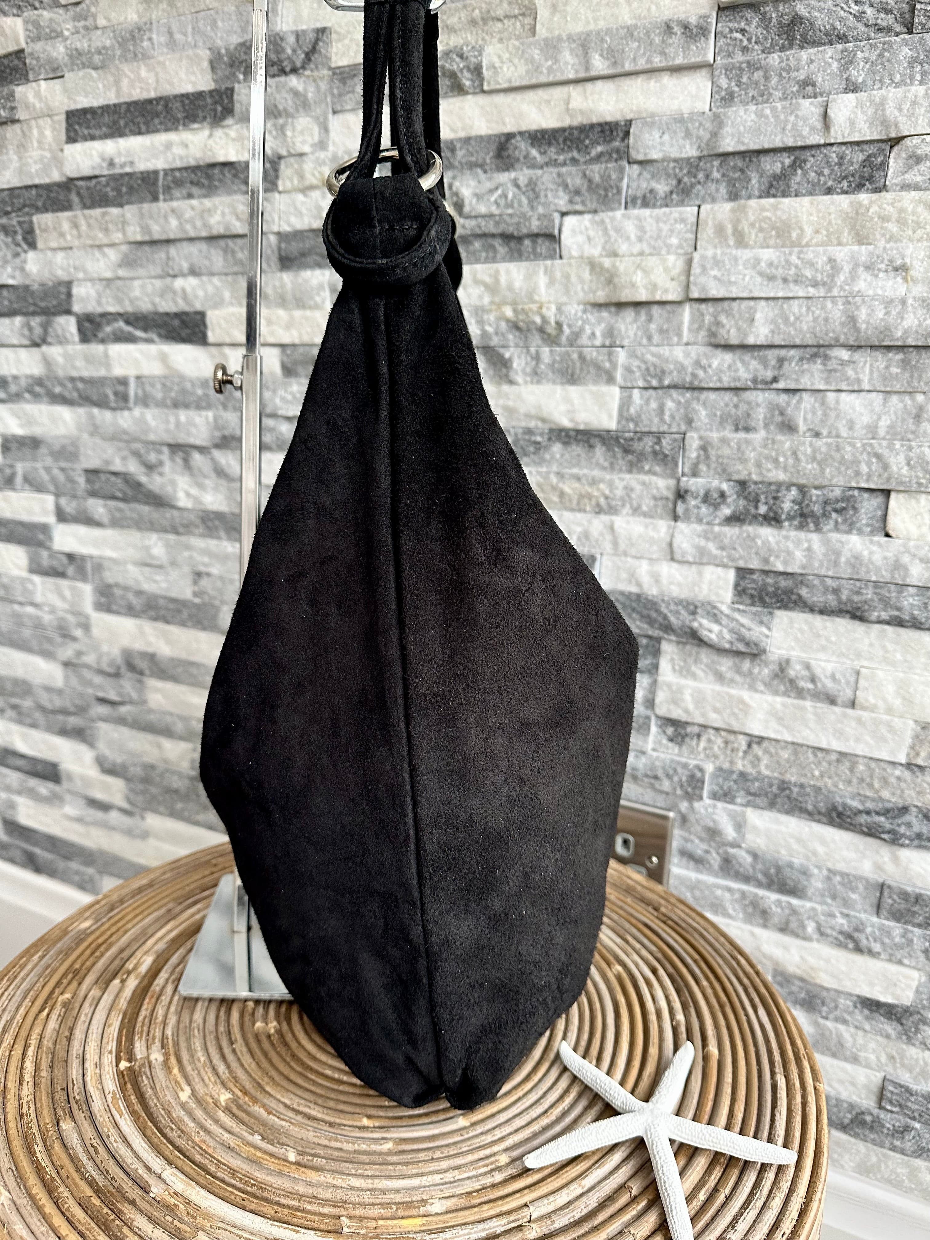 luscious scarves Genuine Suede Leather Slouchy Shoulder Bag. Black