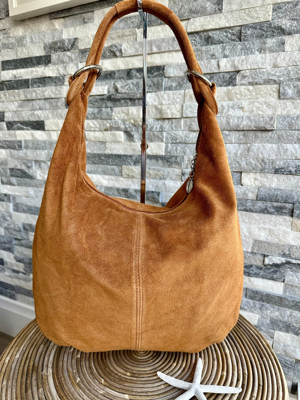 luscious scarves Genuine Suede Leather Slouchy Shoulder Bag. Tan Brown