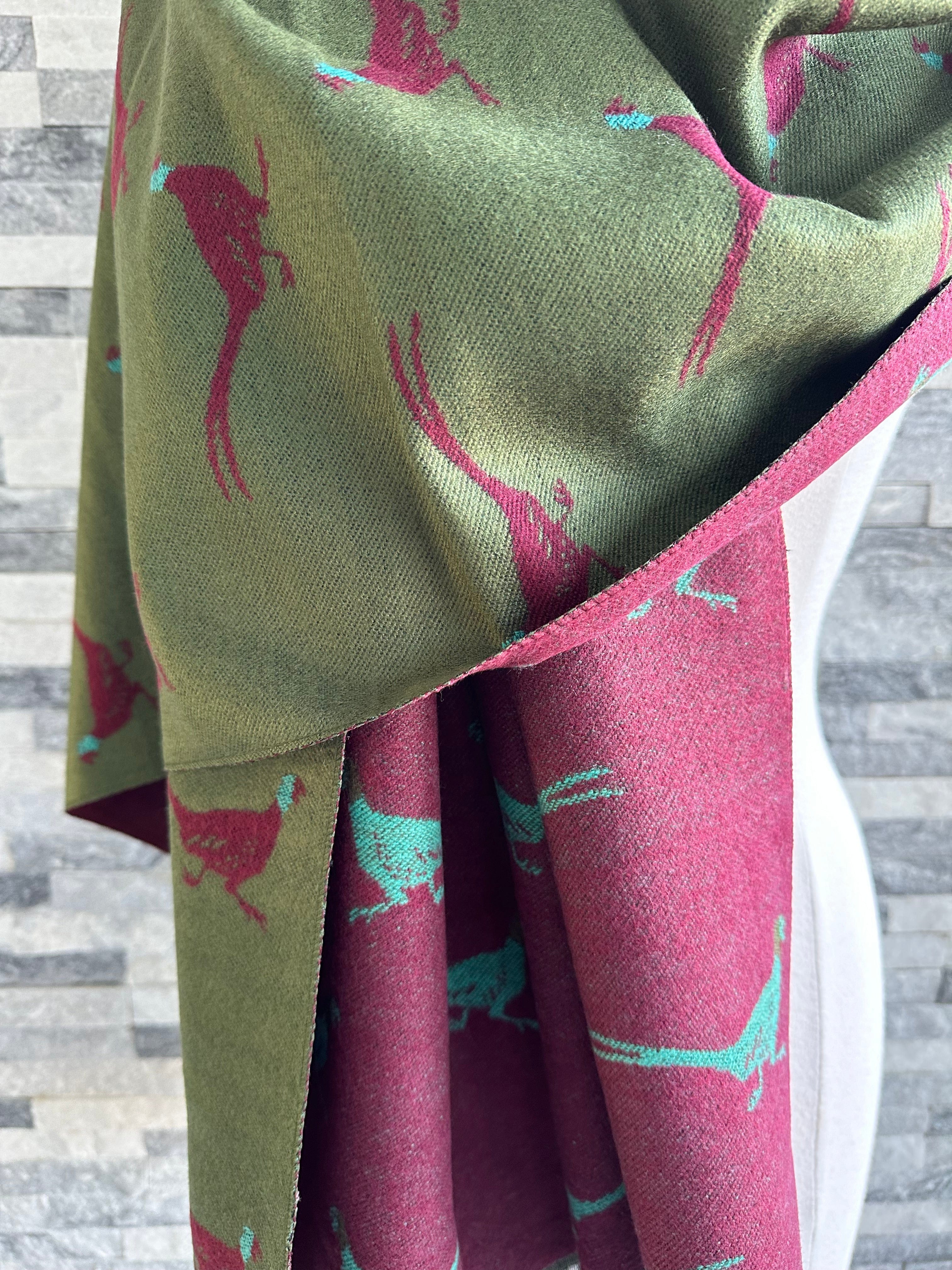 luscious scarves Green, Burgundy and Teal Reversible Scarf / Shawl With Pheasants Design