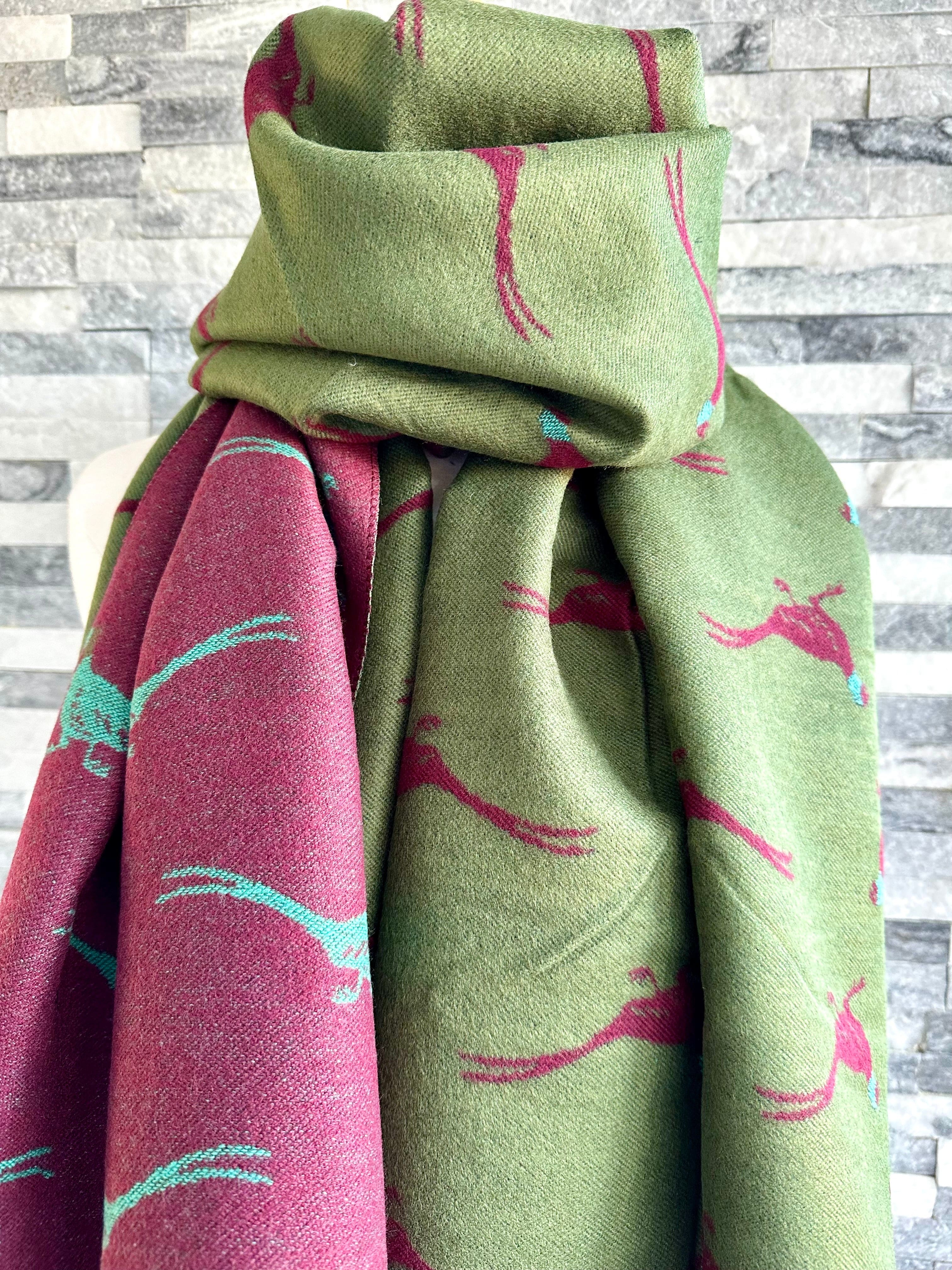 luscious scarves Green, Burgundy and Teal Reversible Scarf / Shawl With Pheasants Design