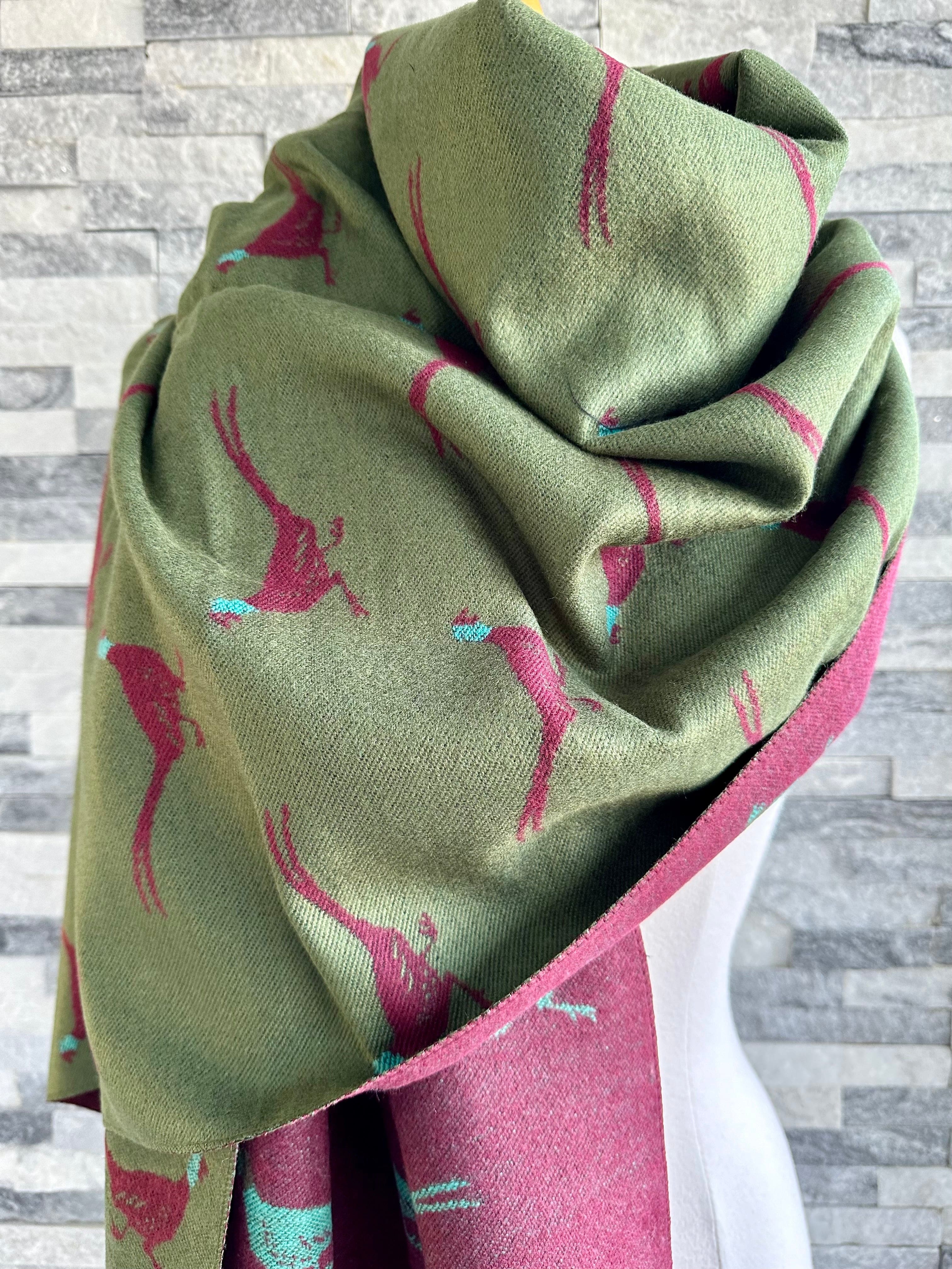 luscious scarves Green, Burgundy and Teal Reversible Scarf / Shawl With Pheasants Design