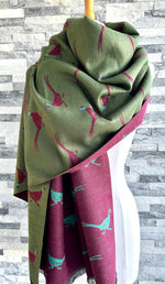 Load image into Gallery viewer, luscious scarves Green, Burgundy and Teal Reversible Scarf / Shawl With Pheasants Design
