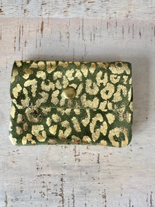 luscious scarves Green Small Suede Italian Leather Coin Purse , Metallic Animal Print Design with Popper Fastener.