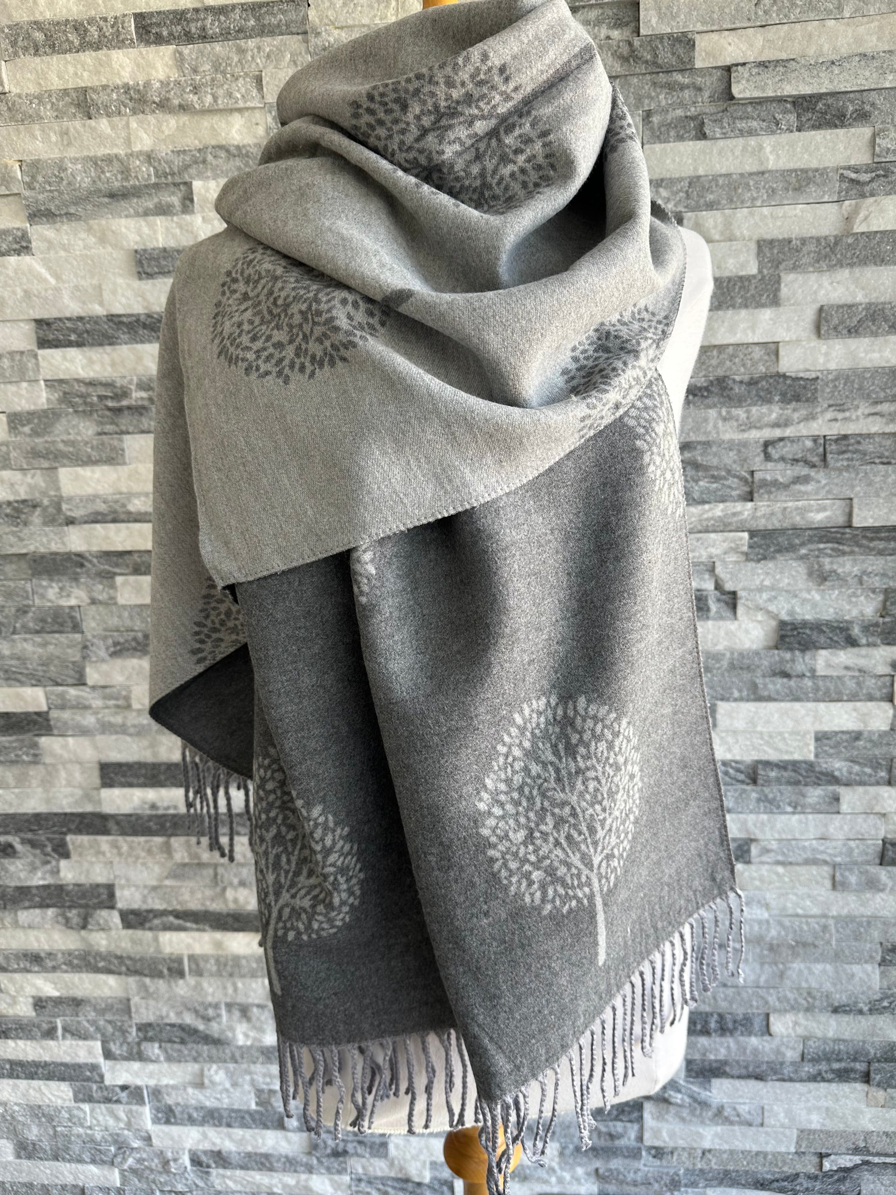 luscious scarves Grey and Light Grey Reversible Mulberry Tree Scarf , Wrap , Cashmere Blend