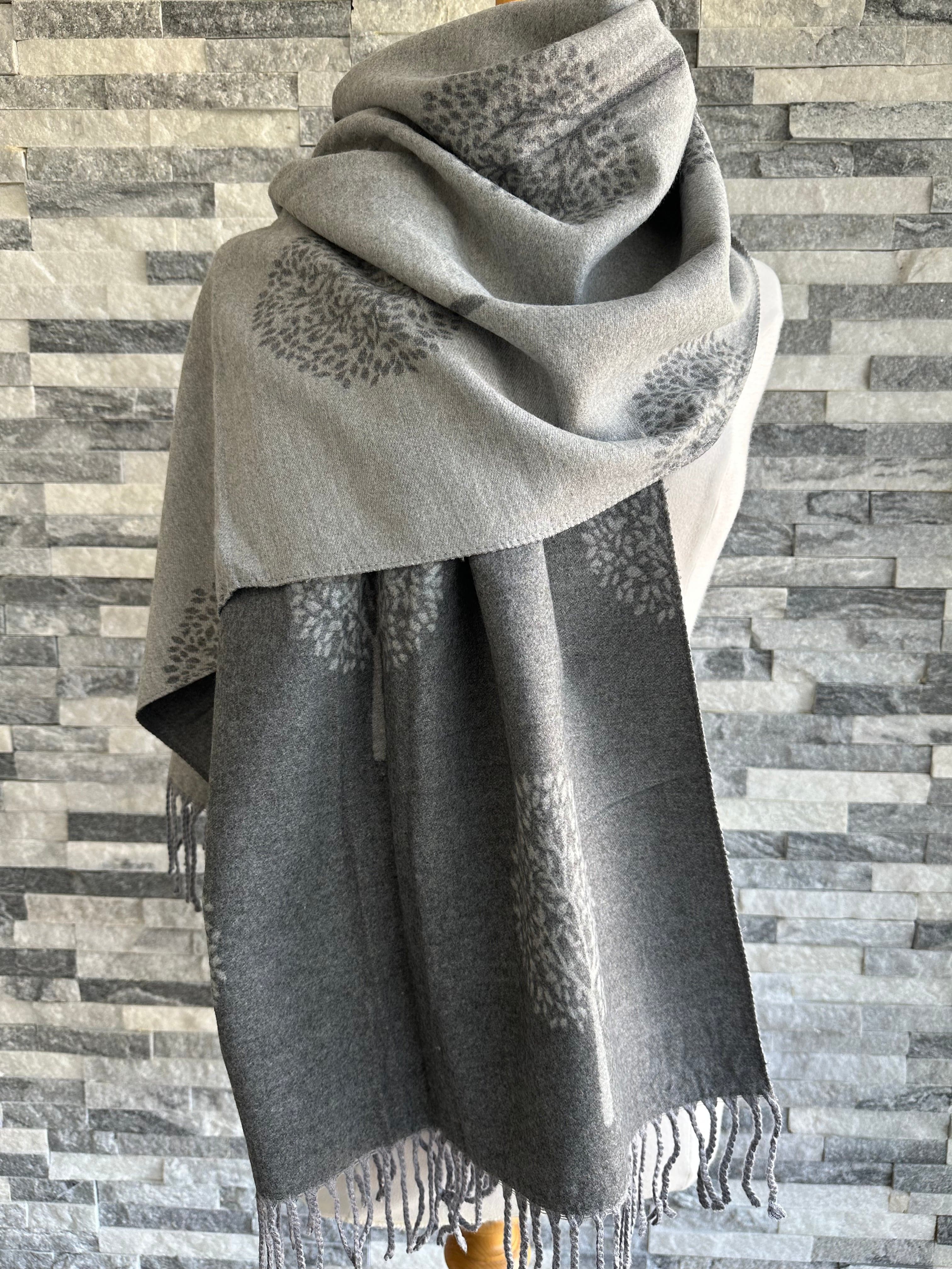 luscious scarves Grey and Light Grey Reversible Mulberry Tree Scarf , Wrap , Cashmere Blend