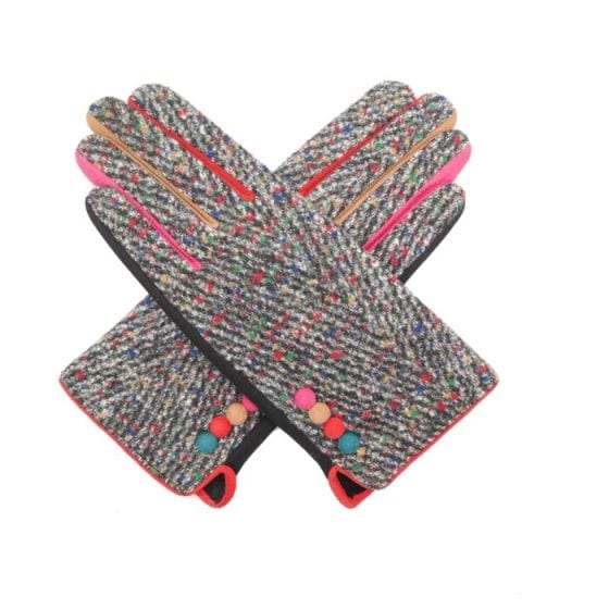 luscious scarves Hat scarf gloves Red Cuckoo Black Herringbone Gloves with Multi Coloured Trim and Buttons