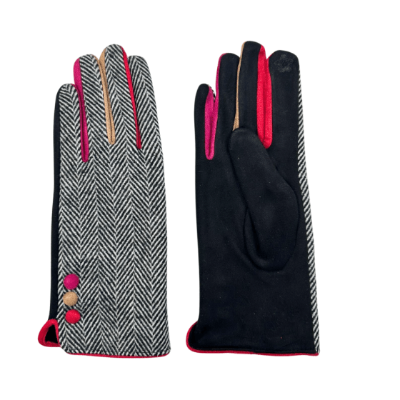 luscious scarves Hat scarf gloves Red Cuckoo Black Herringbone Gloves with Multi Coloured Trim and Buttons