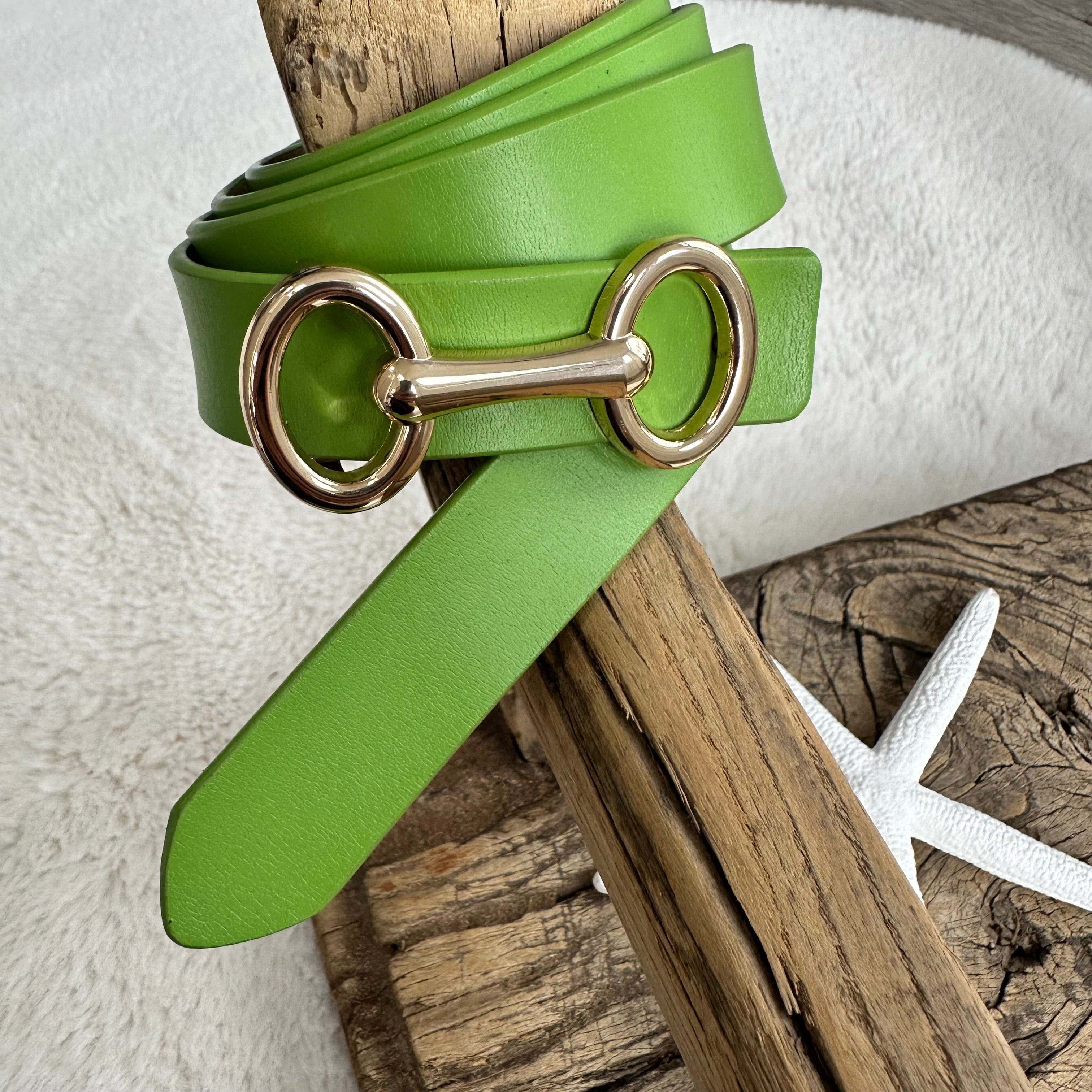 luscious scarves Lime Green Slim Italian Leather Belt With Gold Buckle .