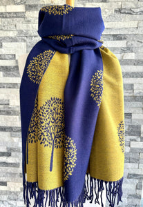 luscious scarves Navy and Mustard Mulberry Tree Scarf , Wrap . Reversible, Cashmere Blend