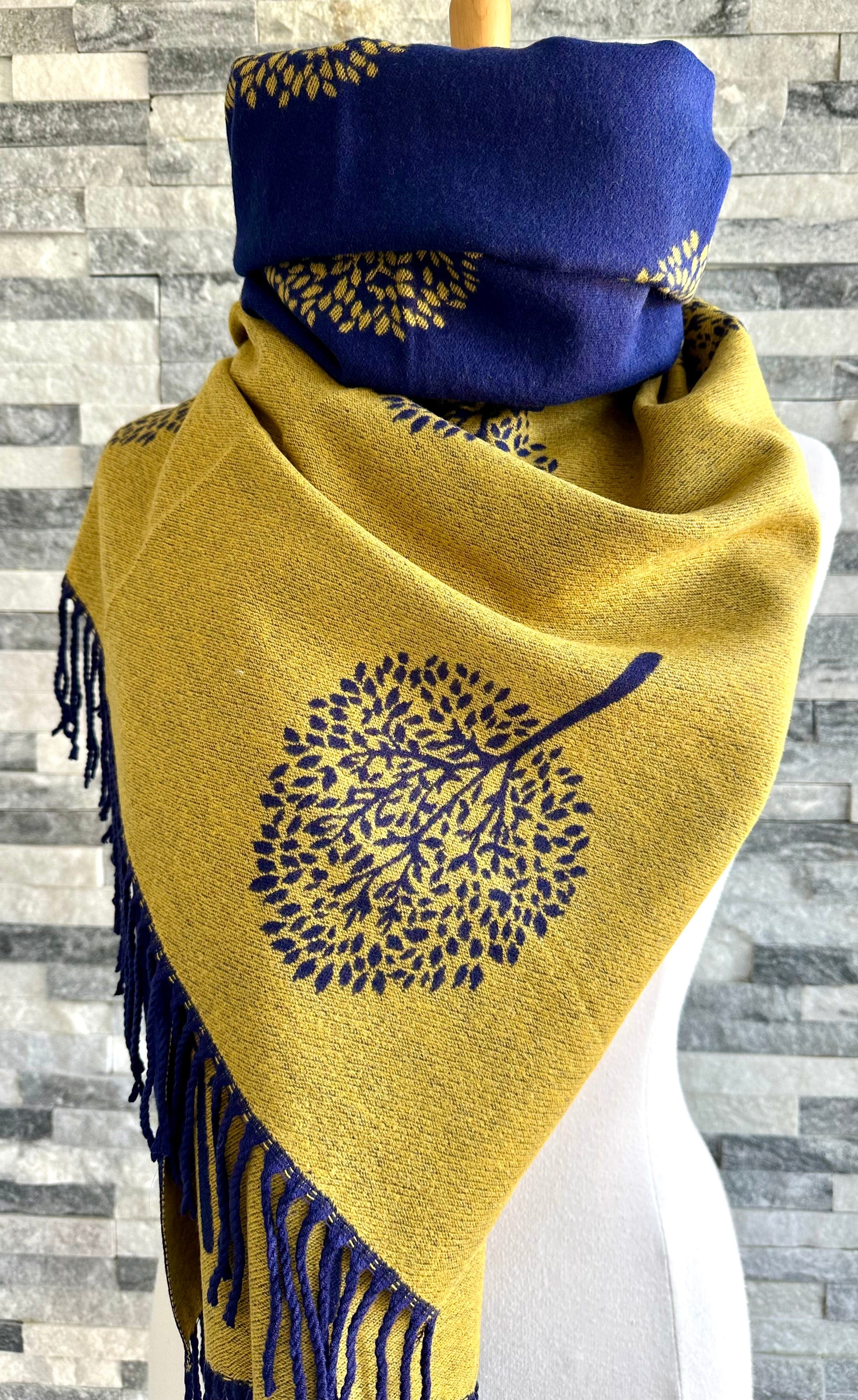 luscious scarves Navy and Mustard Mulberry Tree Scarf , Wrap . Reversible, Cashmere Blend