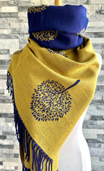 Load image into Gallery viewer, luscious scarves Navy and Mustard Mulberry Tree Scarf , Wrap . Reversible, Cashmere Blend
