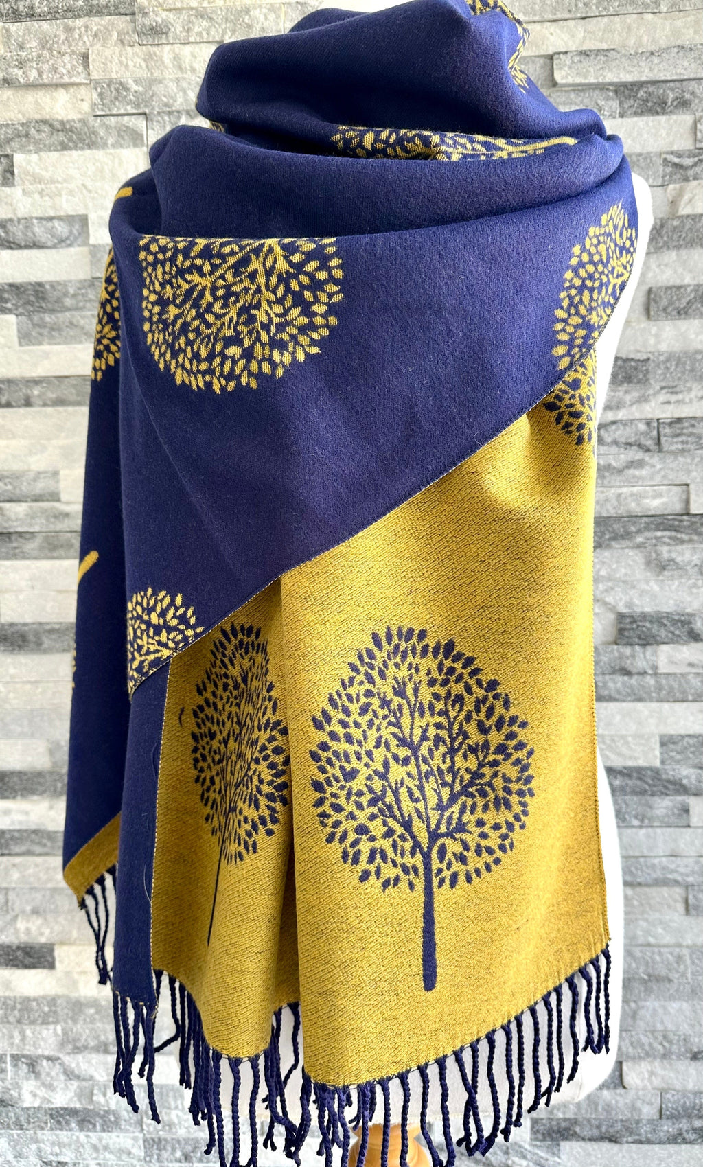 luscious scarves Navy and Mustard Mulberry Tree Scarf , Wrap . Reversible, Cashmere Blend