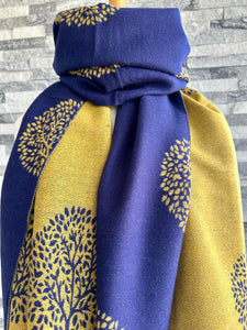 luscious scarves Navy and Mustard Mulberry Tree Scarf , Wrap . Reversible, Cashmere Blend