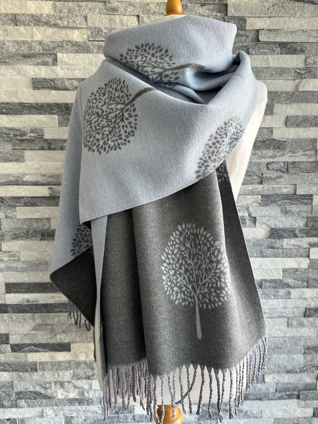 luscious scarves Pale Blue and Grey Reversible Mulberry Tree Scarf , Cashmere Blend.