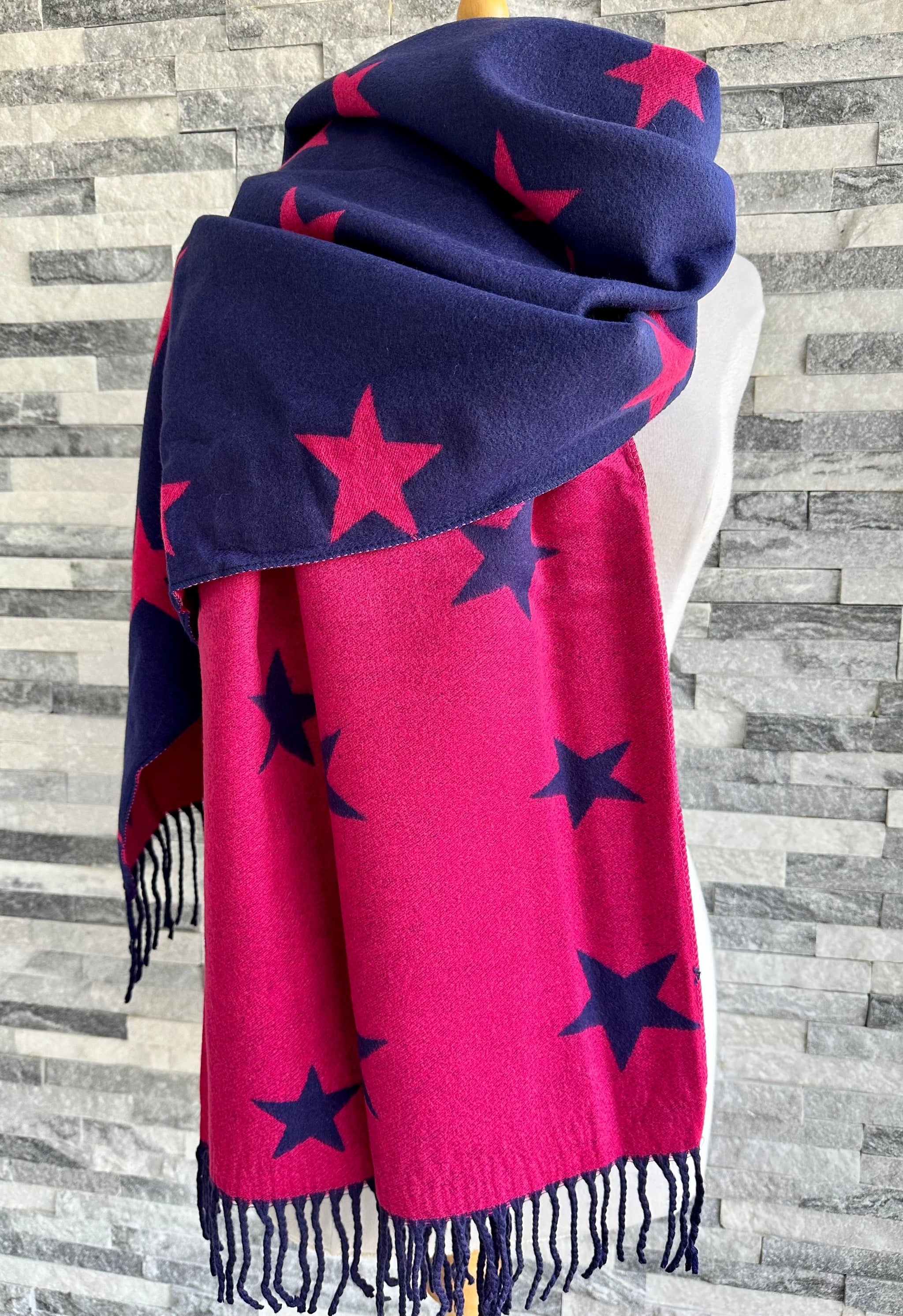 Wool & outlets Silk Blend Designer Winter Fringe Scarf Navy Blue Pink