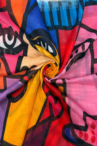 luscious scarves scarf Ladies Picasso Inspired Abstract Faces Print Square Light Weight Scarf Blue, Mustard, Red and Pink