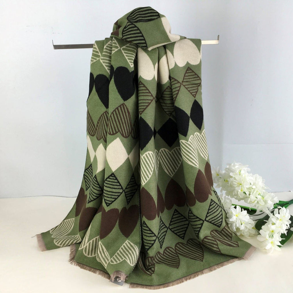 luscious scarves Scarves & Shawls Ladies Large Green, Brown and Cream Hearts Design Scarf / Wrap.