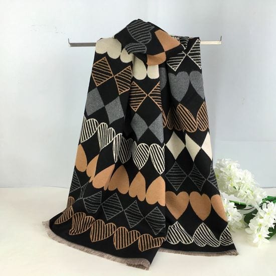 luscious scarves Scarves & Shawls Ladies Large Tan, Black and Grey Hearts Design Scarf / Wrap.