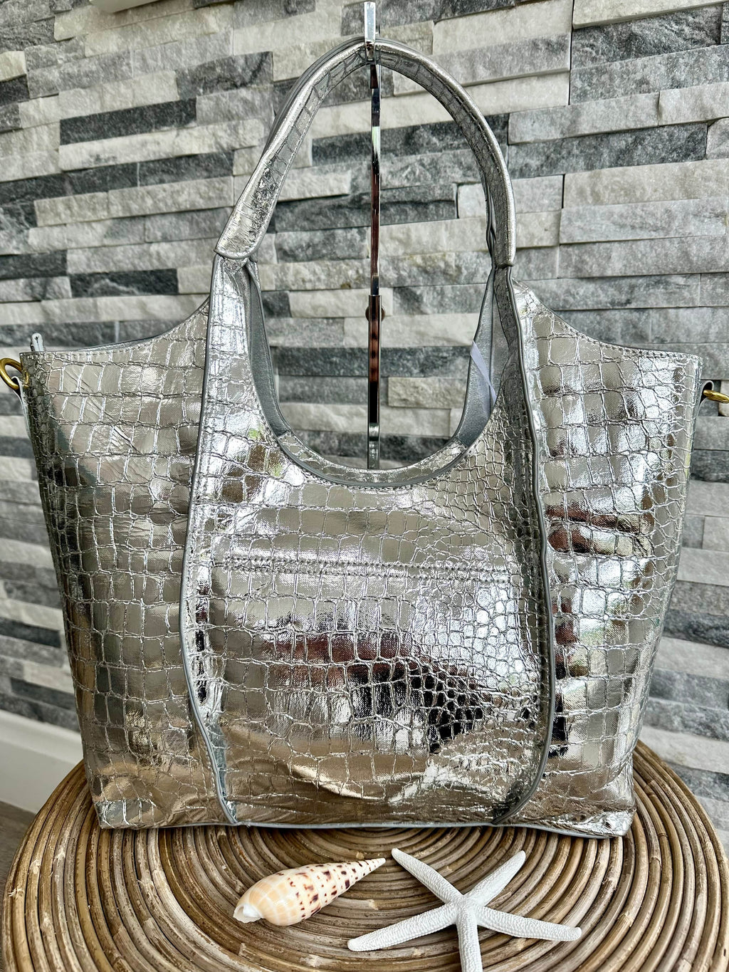 luscious scarves Silver Large Metallic Croc Print Tote Bag Silver