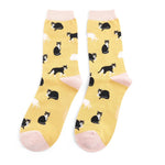 Load image into Gallery viewer, luscious scarves Socks Miss Sparrow Ladies&#39; Bamboo Socks, Black and White Cats Design , Pale Yellow
