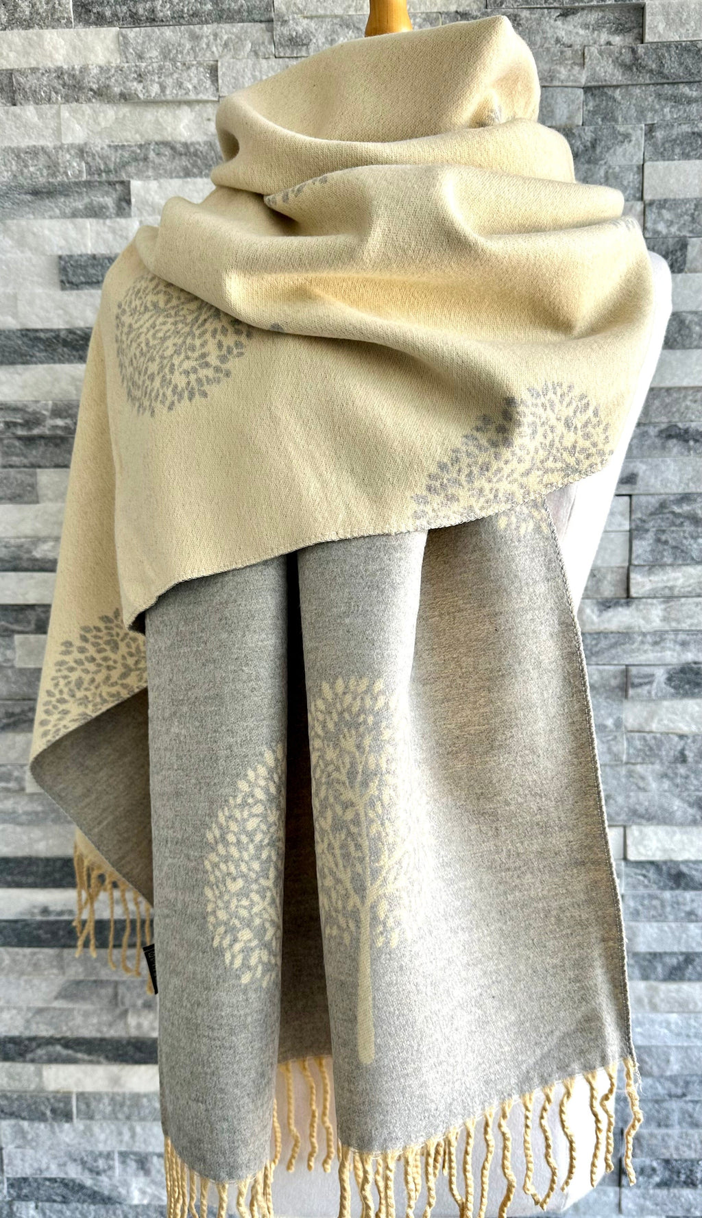 luscious scarves Vanilla and Pale Grey Reversible Mulberry Tree Scarf, Cashmere Blend.