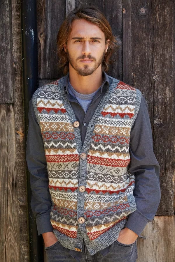 luscious scarves Wool clothing M/L Pachamama Mens Classic Fairisle Waistcoat, Handmade, Fairtrade.