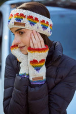 Load image into Gallery viewer, luscious scarves wool handwarmer Pachamama Rainbow Heart Handwarmer Oatmeal, Handmade, Fairtrade
