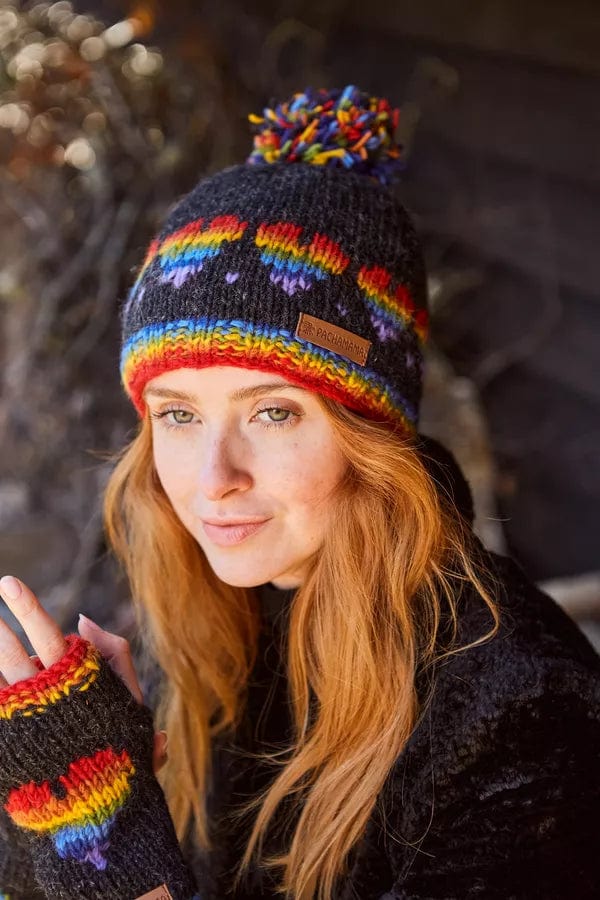 luscious scarves wool hat Pachamama Rainbow Heart Bobble Beanie Charcoal , Handmade, Fairtrade