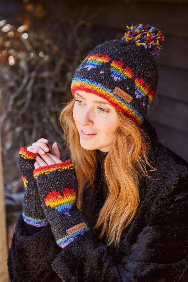 luscious scarves wool hat Pachamama Rainbow Heart Bobble Beanie Charcoal , Handmade, Fairtrade